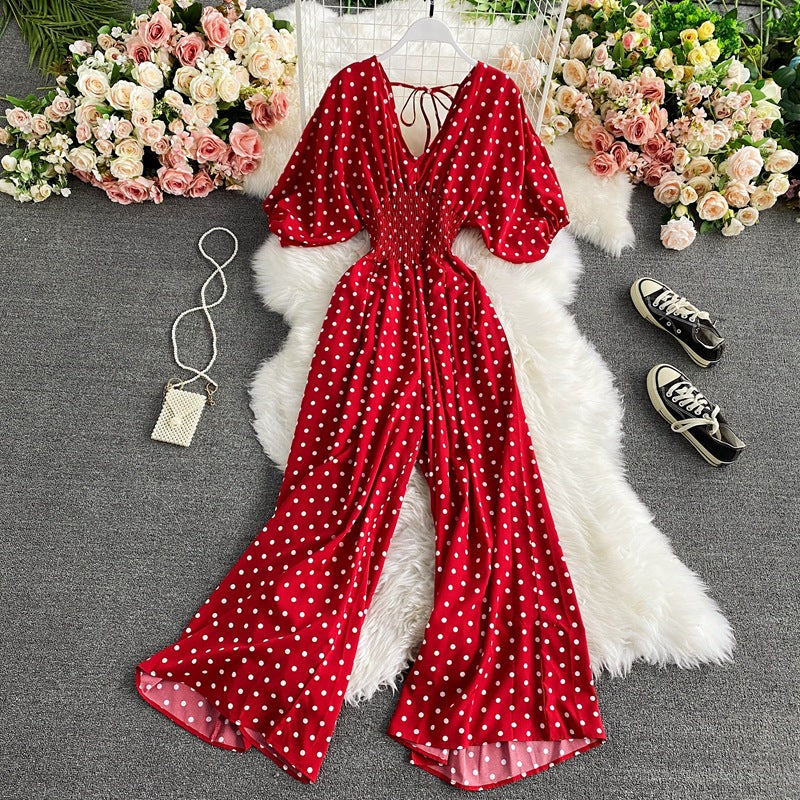 Slimming Polka Dot Printed Jumpsuit Fashionable Temperament Wide Leg Trousers