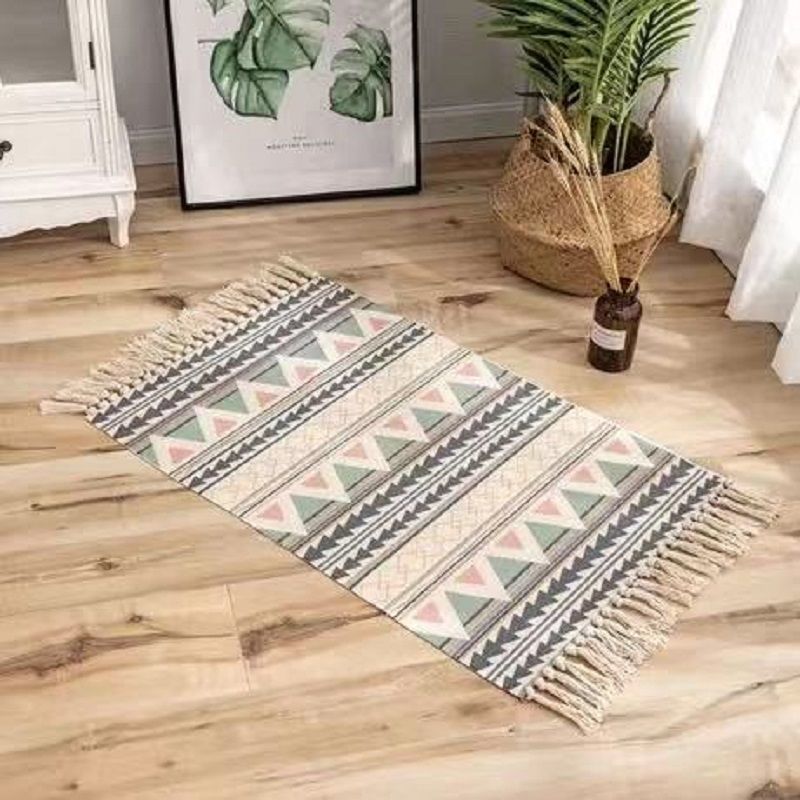 Bohemian Tassel Simple Cotton And Linen Retro Ethnic Style Carpet Floor Mat Living Room Bedroom Bedside Foot Pad Machine Wash