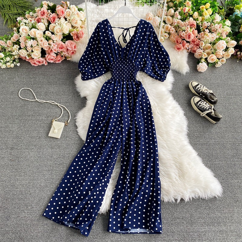 Slimming Polka Dot Printed Jumpsuit Fashionable Temperament Wide Leg Trousers