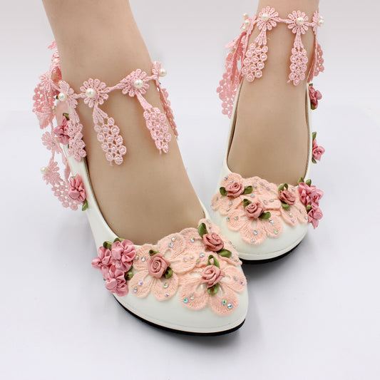 Flower Decoration High-heeled Women&amp;amp;#039;s Shoes Autumn Round Toe Patent Leather Wedding Shoes Bride Wedding Dress Shoes