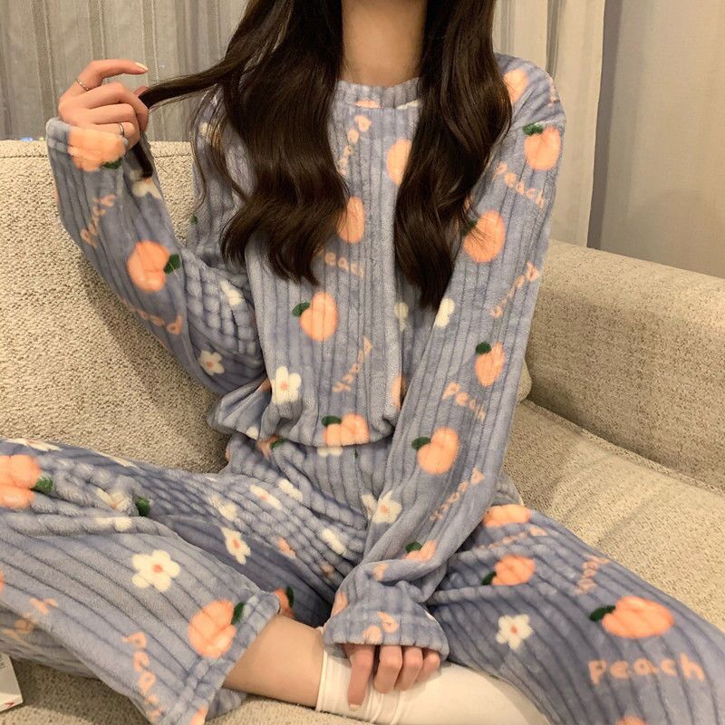 2023 Winter Home Wear Women Can Wear Coral Velvet Warm Printed Thickened Long Sleeve Home Casual Warm Suit