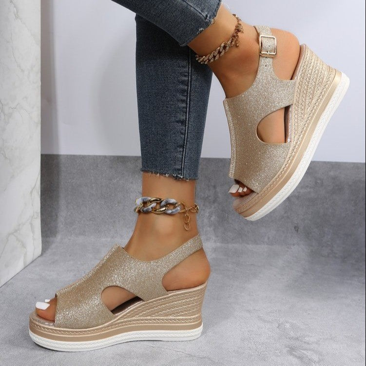 Summer New Large Size  Women&#039;s Shoes Roman Wind Wedge Thick Bottom Hollow Fish Mouth Sandals Women&#039;s