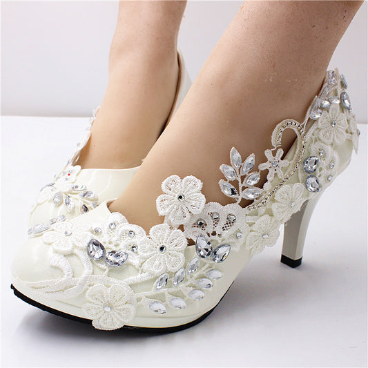 Style High-heeled White Wedding Shoes Round Toe Leather Shoes Large Size Wedding Women&#039;s Shoes