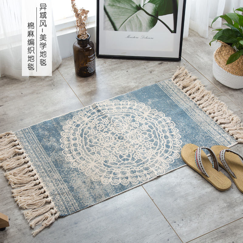 Bohemian Tassel Simple Cotton And Linen Retro Ethnic Style Carpet Floor Mat Living Room Bedroom Bedside Foot Pad Machine Wash