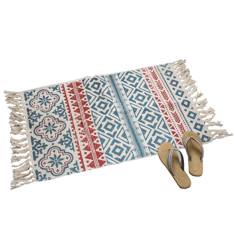 Bohemian Tassel Simple Cotton And Linen Retro Ethnic Style Carpet Floor Mat Living Room Bedroom Bedside Foot Pad Machine Wash