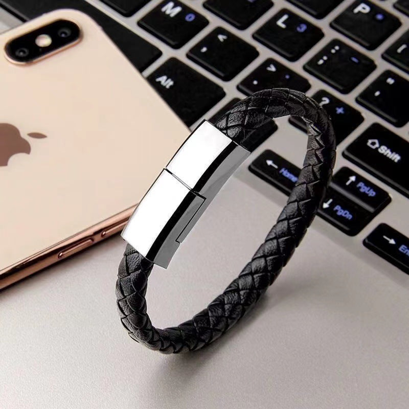 Cross-border Creative European And American Leather Rope Braided Charging Bracelet Men And Women Data Cable Bracelet USB Interface Multi-mobile Phone Application