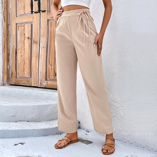 Pants High Waist Solid Color Commuter Style Nine-point Tie Straight Pants Women