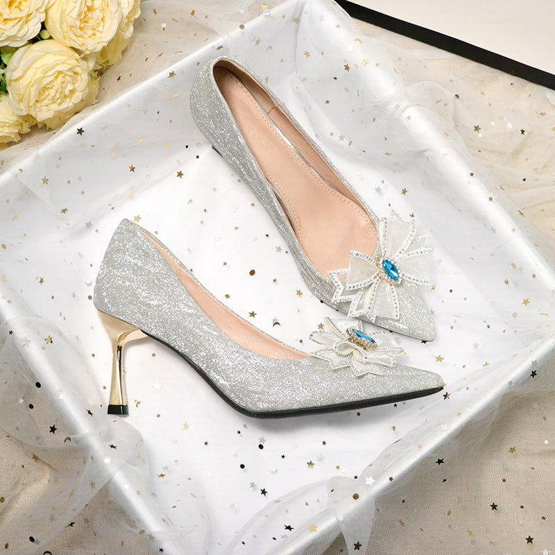 French Wedding Shoes Hexiu Wedding Dress Two-wear Silver Sequined High-heeled Shoes Stiletto Bridal Shoes Crystal Not Tired Feet High-end Sense