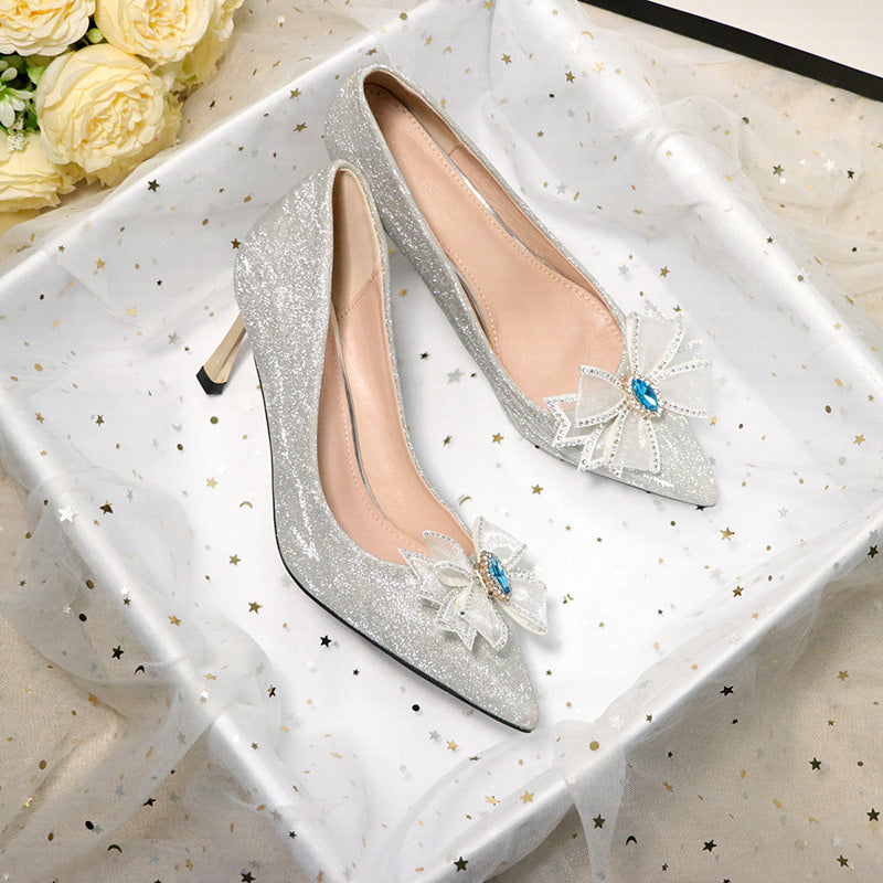 French Wedding Shoes Hexiu Wedding Dress Two-wear Silver Sequined High-heeled Shoes Stiletto Bridal Shoes Crystal Not Tired Feet High-end Sense