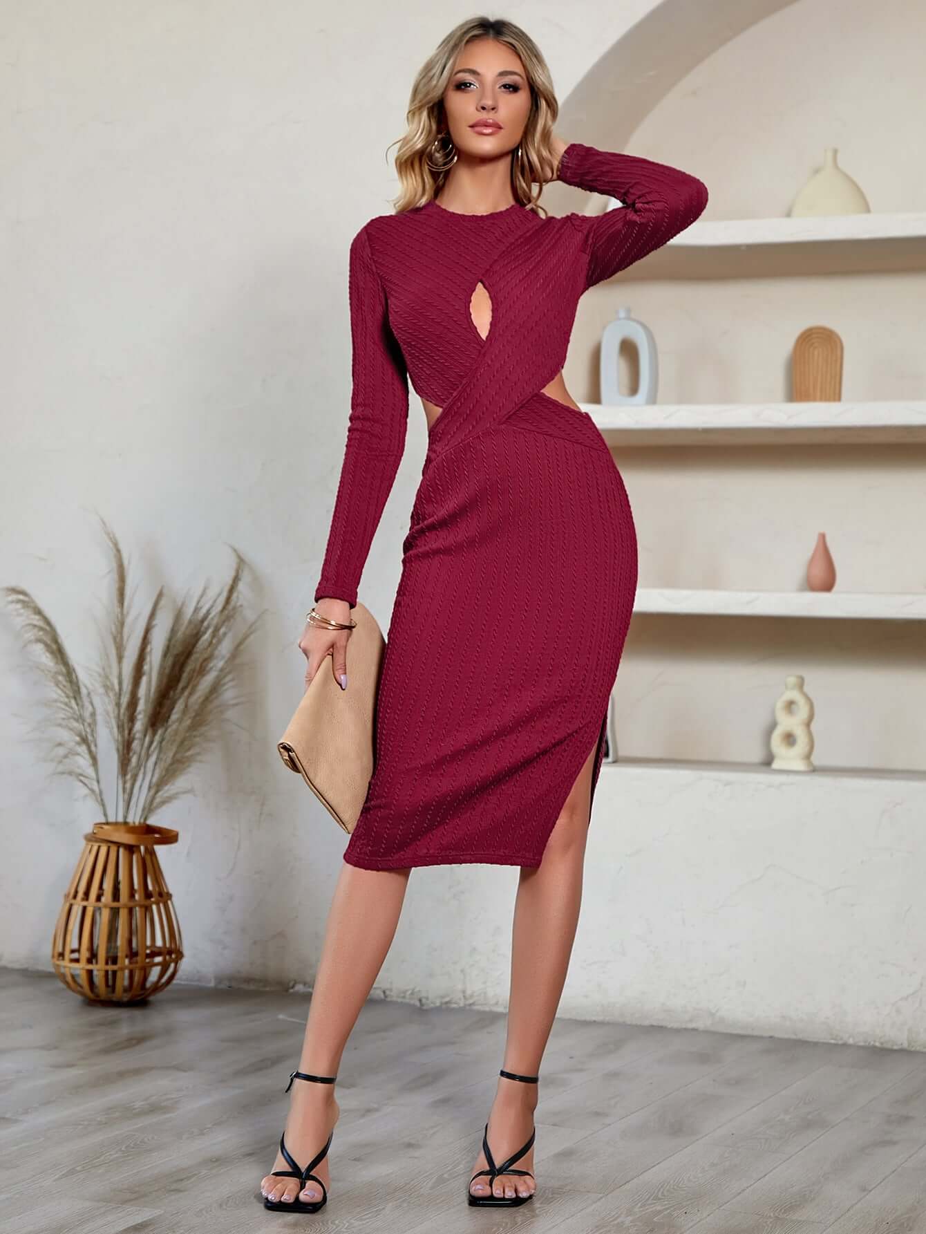 Amazon 2023 European And American Sexy Style Foreign Trade Women's Clothing Winter New Casual Solid Color Waist Hollow Dress For Women - globaltradeleader