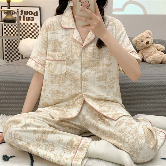 Pajamas Women&#039;s Summer Short-sleeved Trousers Two-piece Suit Jacquard Cotton