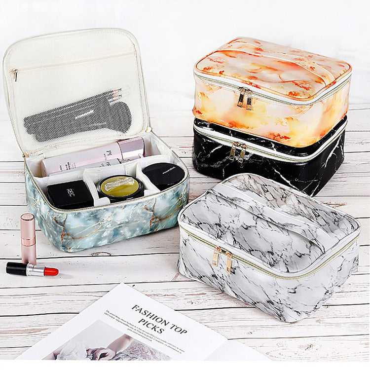 PU Waterproof Marble Cosmetic Bag Travel Portable AB Wash Bag Large-capacity Portable Layered Storage Bag