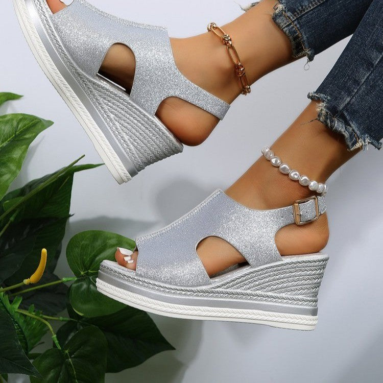 Summer New Large Size  Women&#039;s Shoes Roman Wind Wedge Thick Bottom Hollow Fish Mouth Sandals Women&#039;s