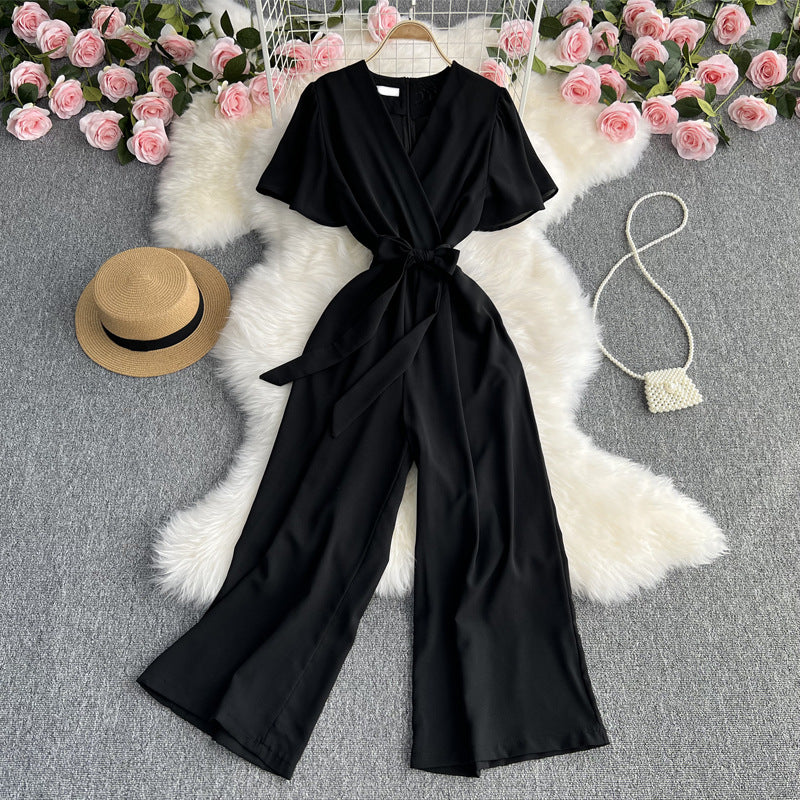 Temperament V-neck Short-sleeved Waist Strap Slim Jumpsuit Solid Color Simple High Waist Drape Wide-leg Pants