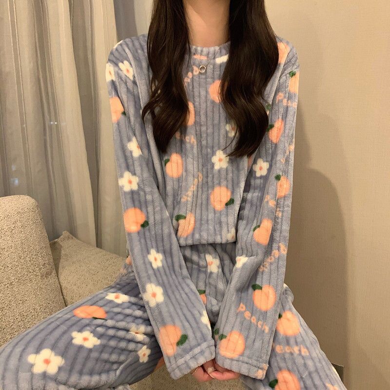 2023 Winter Home Wear Women Can Wear Coral Velvet Warm Printed Thickened Long Sleeve Home Casual Warm Suit