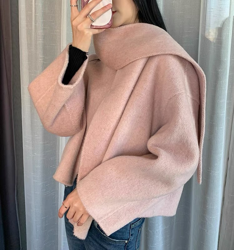 23 New Autumn And Winter New Scarf Collar Short Double-sided Cashmere Coat For Women Petite Round Neck Weibo Wool Coat