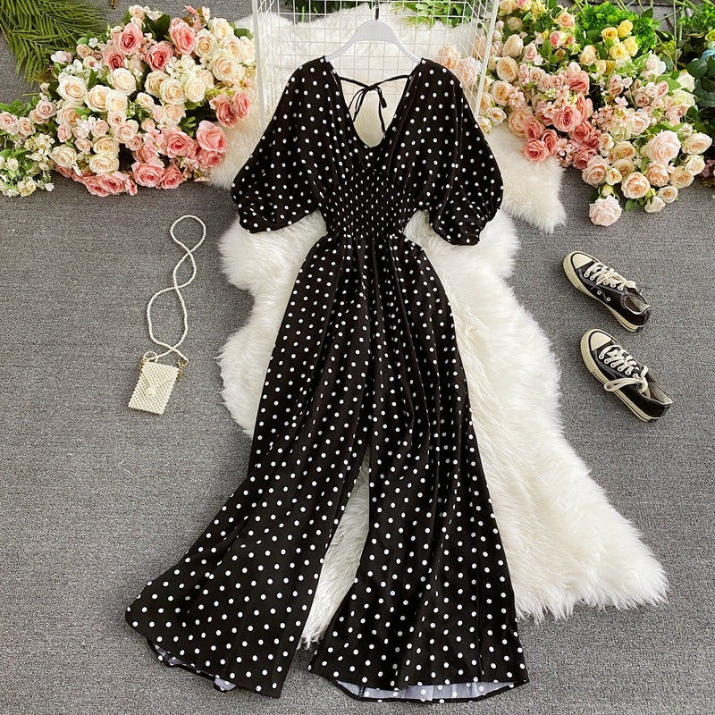 Slimming Polka Dot Printed Jumpsuit Fashionable Temperament Wide Leg Trousers