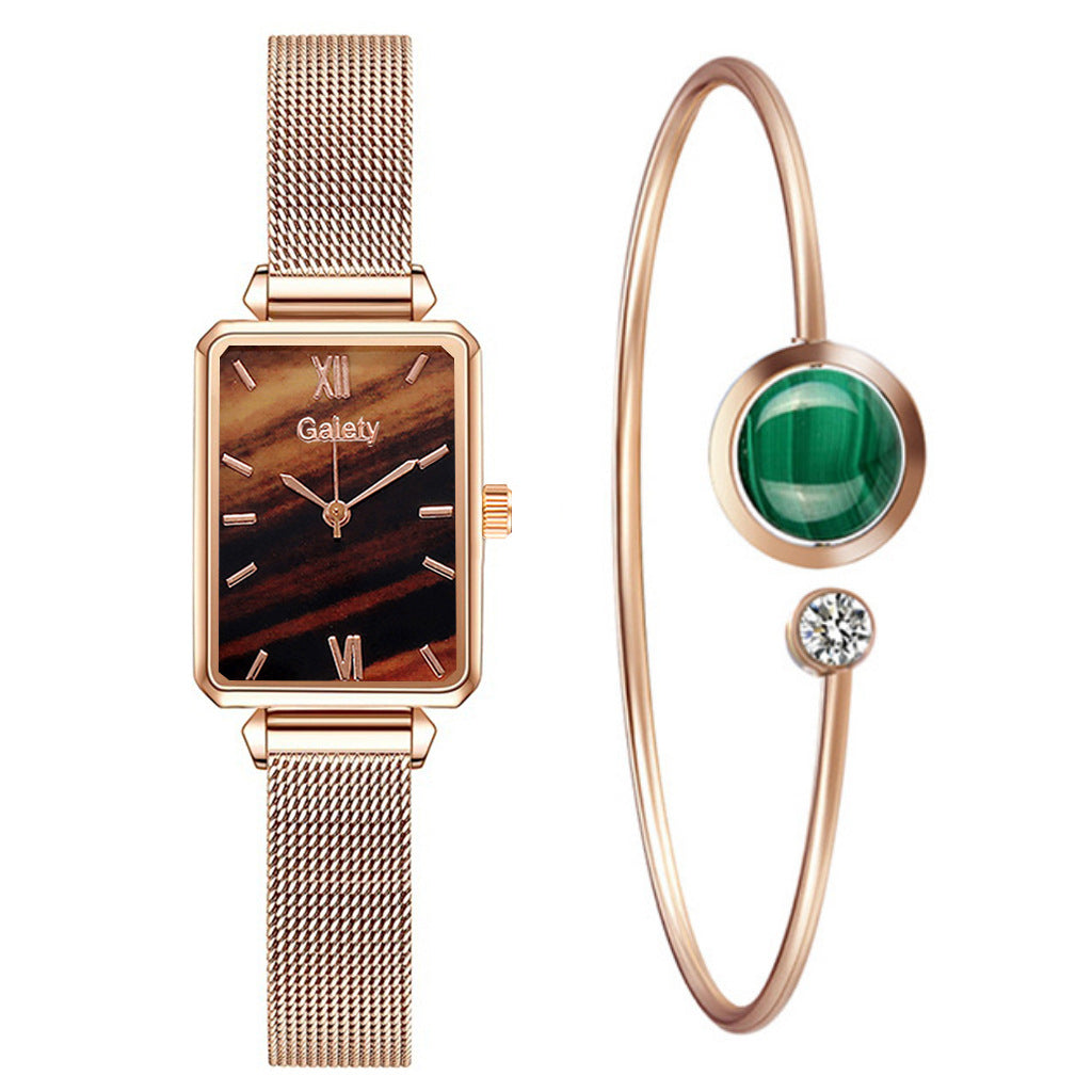 Lazy Retractable Magnet Buckle Peacock Green Elegant Ladies Mesh Belt Small Square Watch Korean Version Simple Bracelet Combination Set