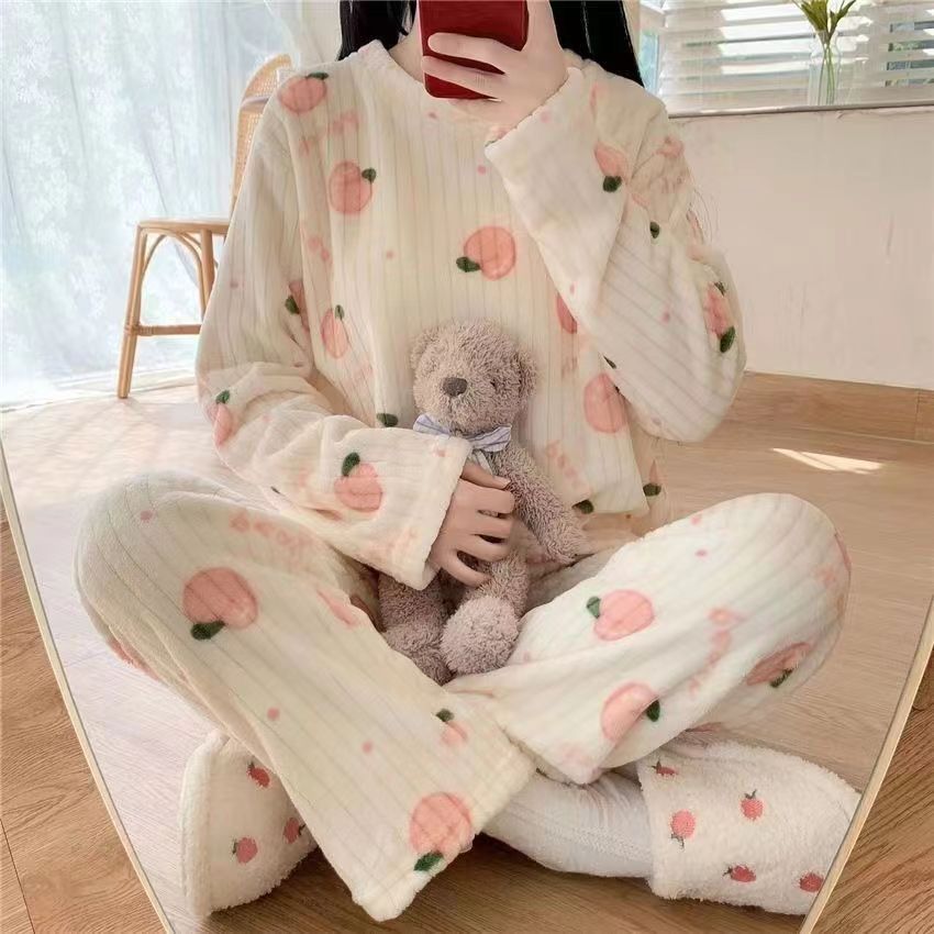 2023 Winter Home Wear Women Can Wear Coral Velvet Warm Printed Thickened Long Sleeve Home Casual Warm Suit