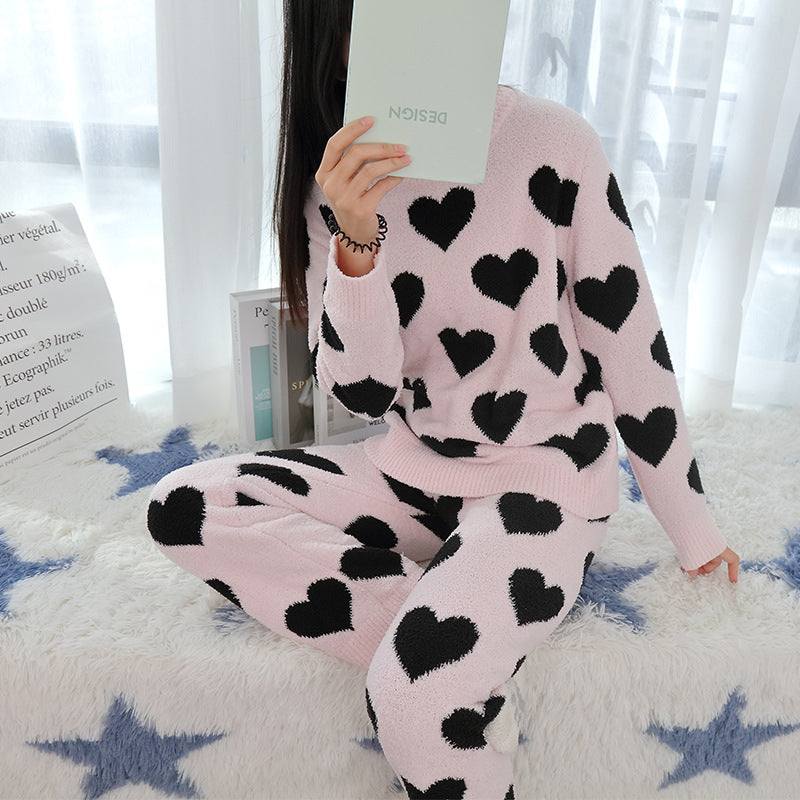 Love Soft Wool Pajamas Girls Autumn And Winter Suits Long-sleeved Thick Warm Cute Students New Home Clothes