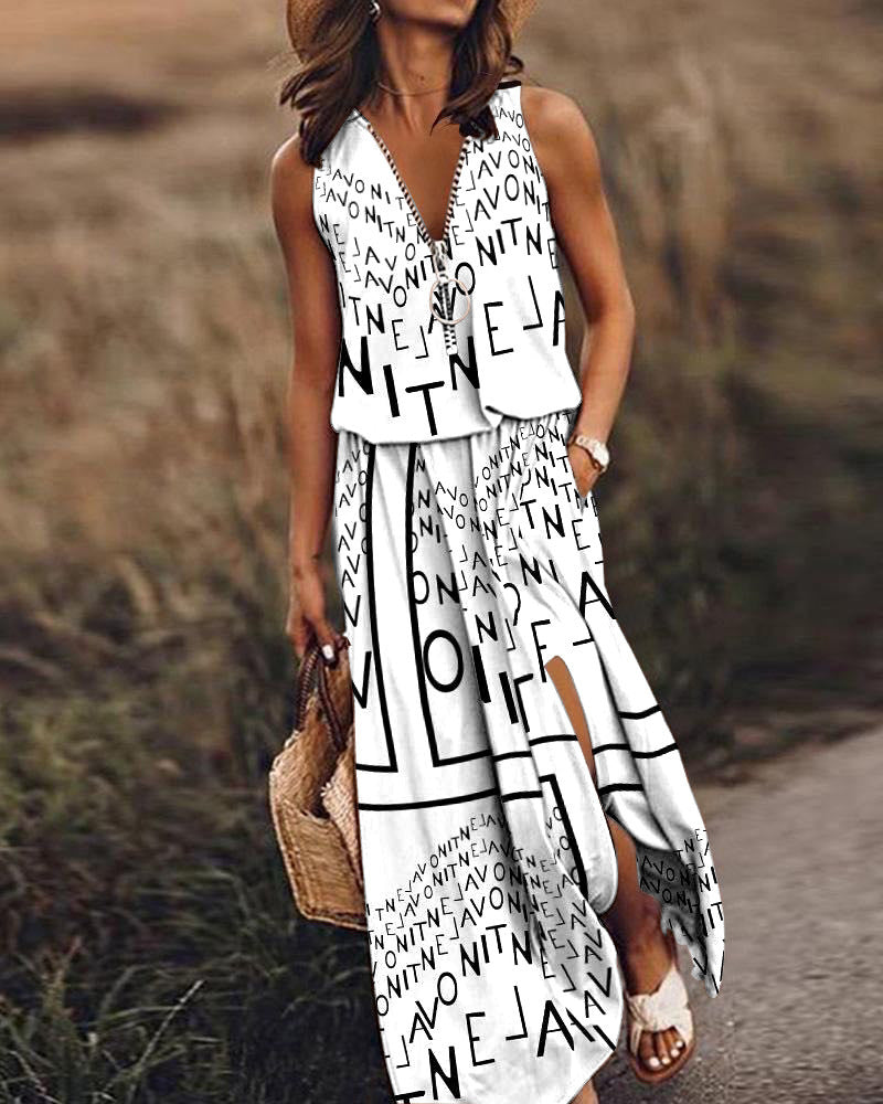 Spring And Summer New Sleeveless Long Casual Women's Waist Zipper Letter Print Dress