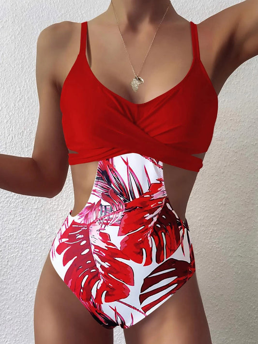 Italian Craftsman 21 Years New European And American Cross-border Heat Dissipation Swimsuit Solid Color Printing Stitching Leaf One-piece Swimsuit Source Manufacturer