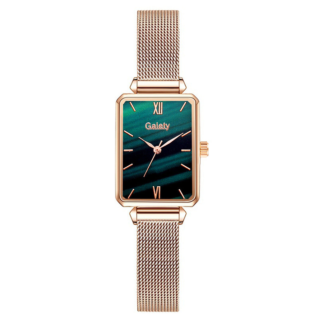 Lazy Retractable Magnet Buckle Peacock Green Elegant Ladies Mesh Belt Small Square Watch Korean Version Simple Bracelet Combination Set