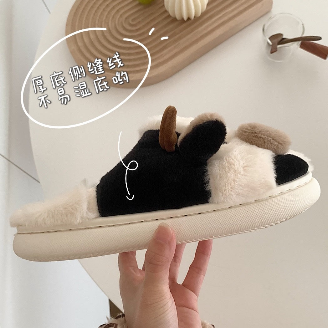 Soft And Cute Girly Heart Cow Baotou Cotton Slippers Winter Fashion Girls Home Warm Plush Confinement Shoes