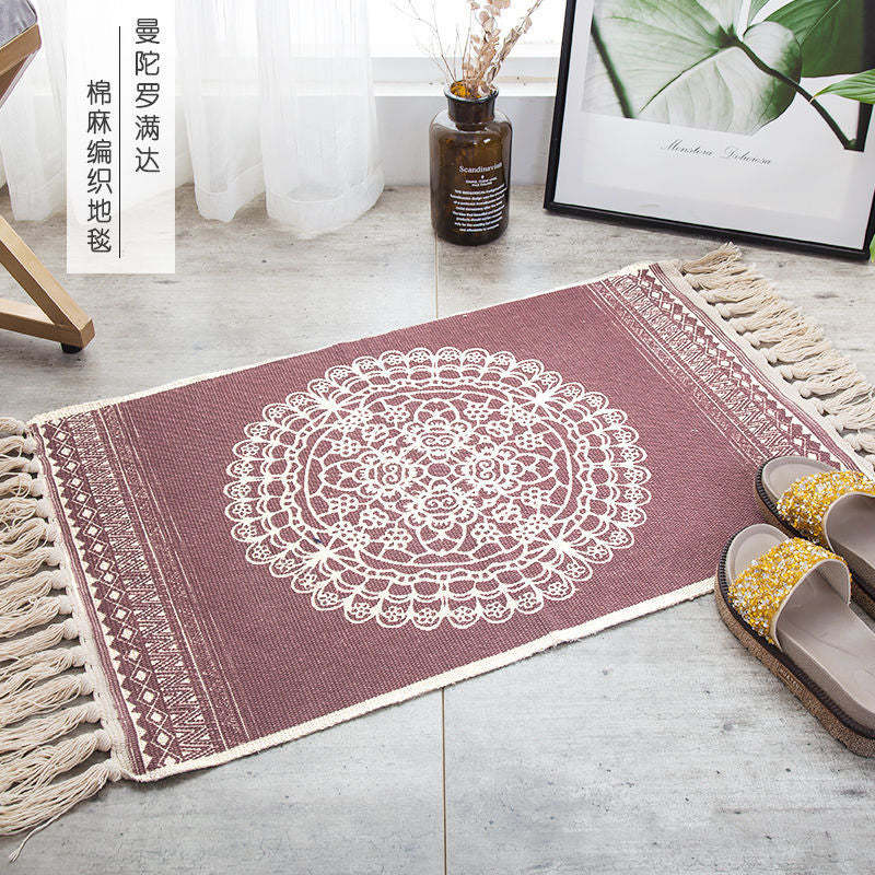 Bohemian Tassel Simple Cotton And Linen Retro Ethnic Style Carpet Floor Mat Living Room Bedroom Bedside Foot Pad Machine Wash