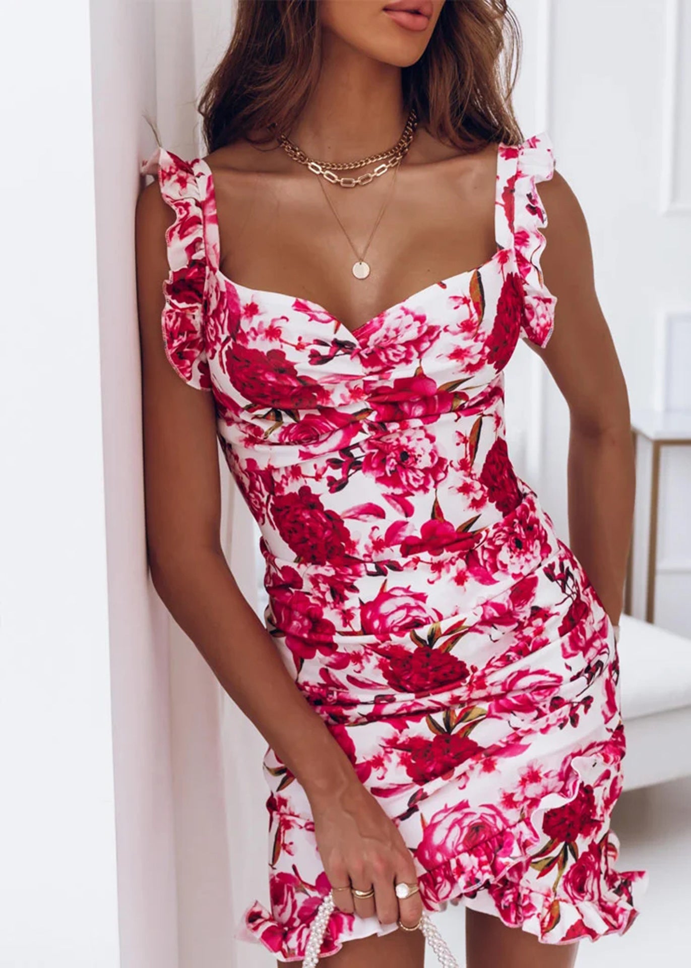 Summer Ruffles Sleeveless V-neck Hip Floral Dress For Women