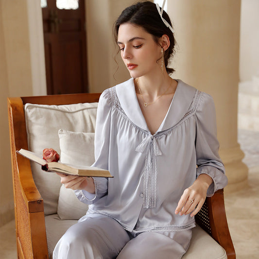 French Lapel Shirt Style Spring Ice Silk Long-sleeved Pajamas Two-piece Loose And Simple Outerwear Household Clothes