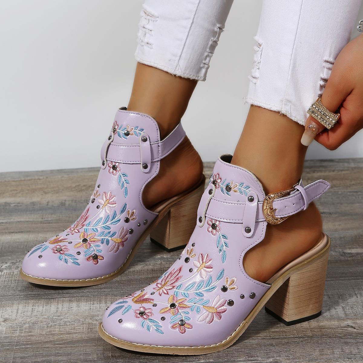 Flowers Rivet Sandals Women Vintage Embroider Chunky High Heels Shoes With Buckle Pumps