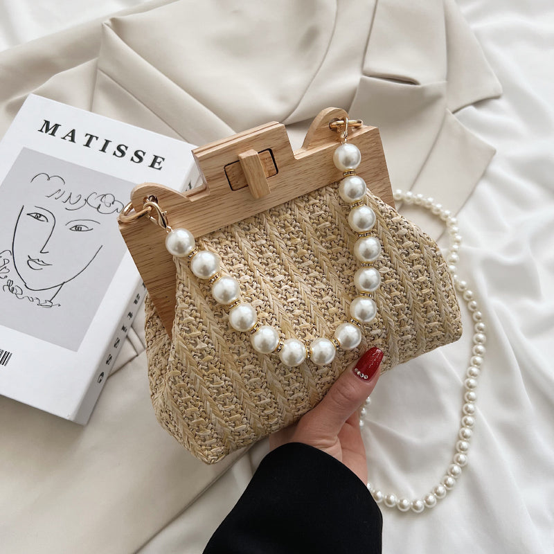 Straw Bag Women Hand-Woven Handbags And Purses 2022 Summer Wooden Rattan Casual Beads Beach Small Shoulder Crossbody Bag