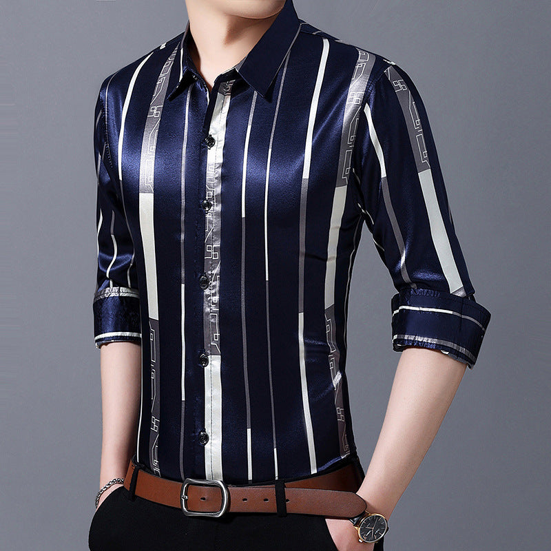 Spring And Autumn Striped Silk Ironing Shirt Men's Long Sleeves