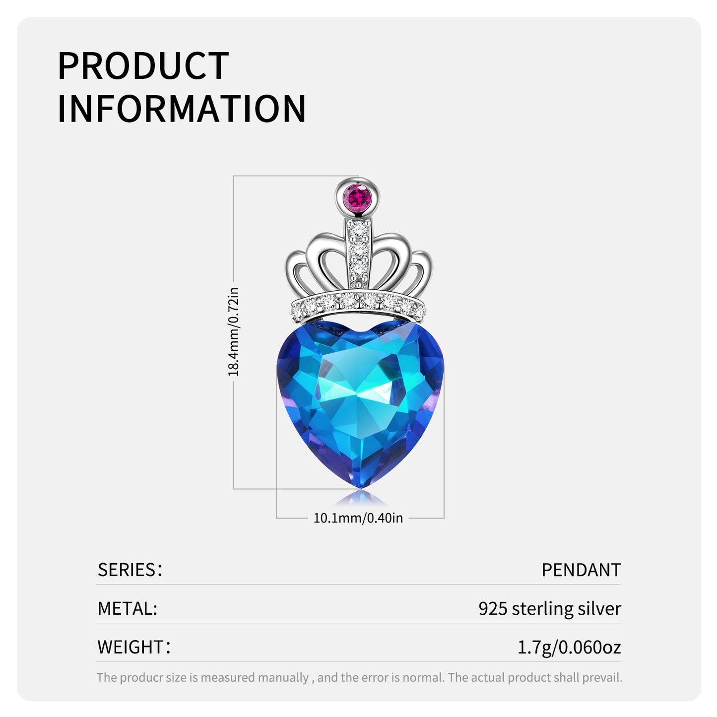 Blue Light Peach Heart Crown Necklace S925 Sterling Silver