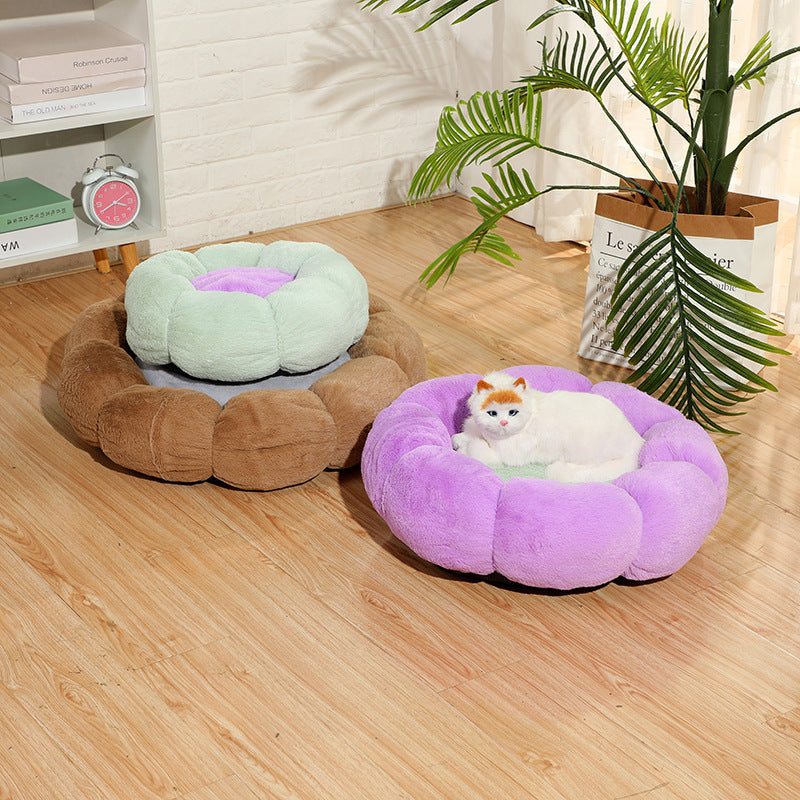 Autumn Winter Plus Velvet Thick Round Flower Cat Litter Kennel