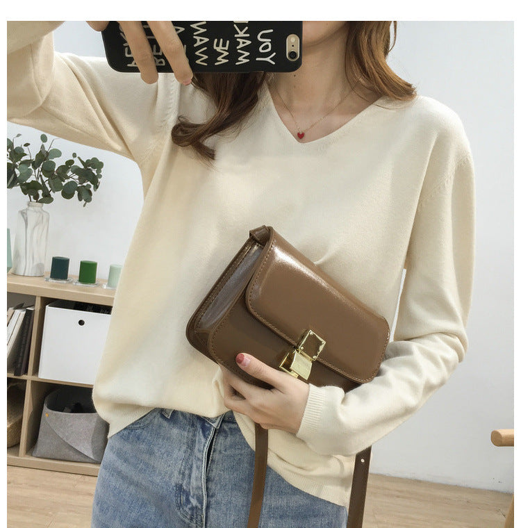 Loose Slimming V-neck Solid Color Long-sleeved Sweater