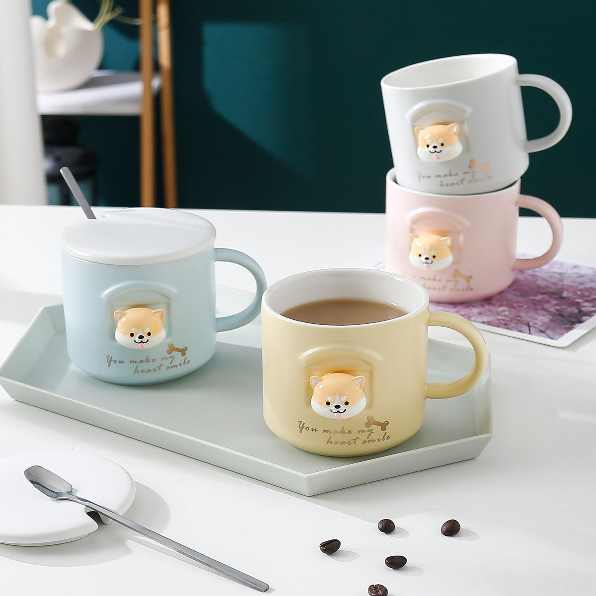 Three-dimensional Shiba Inu Cute Cartoon Ceramic Water Cup With Lid Spoon