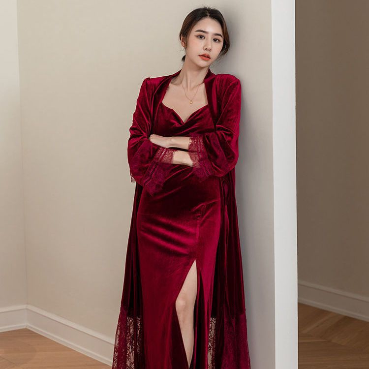 Velvet Morning Gown Women's Spring And Autumn Nightgown Two-piece Set