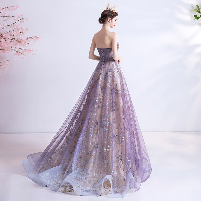 Strapless Purple Sequin Starry Dress Wedding Dress