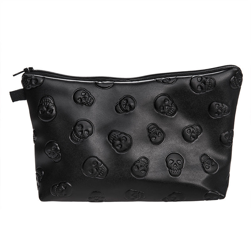 Pu Leather Cosmetic Bag Female European And American Black Skull Waterproof Storage Wash Bag