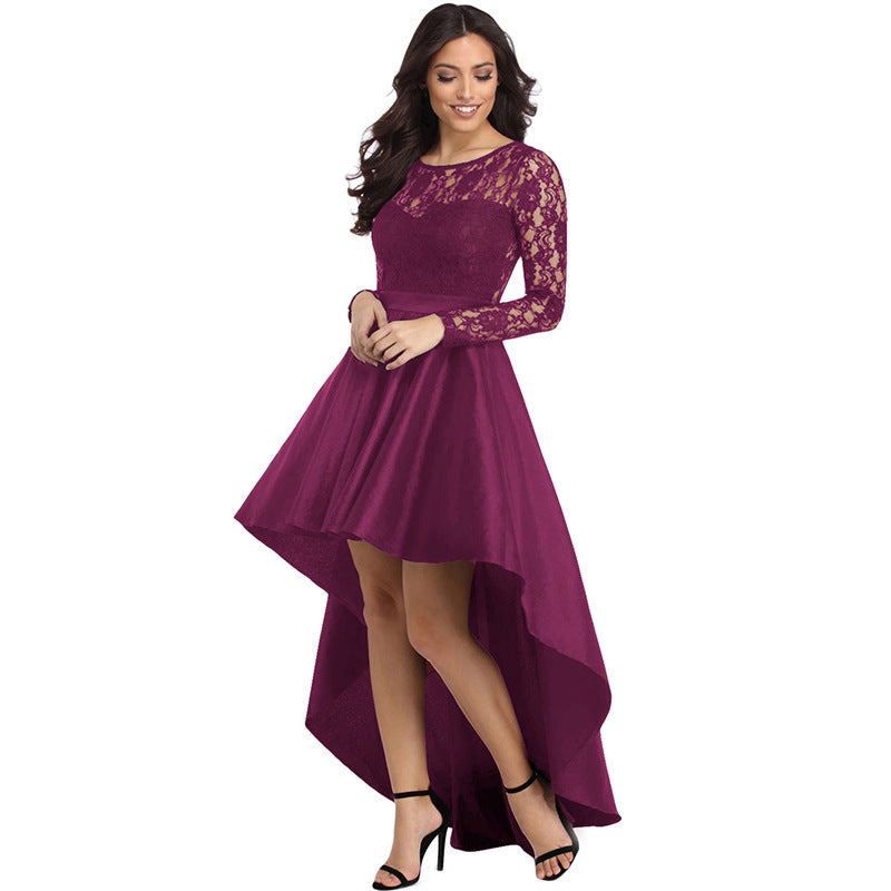 Round Neck Long Sleeve Lace Dovetail Satin Ball Party Dress