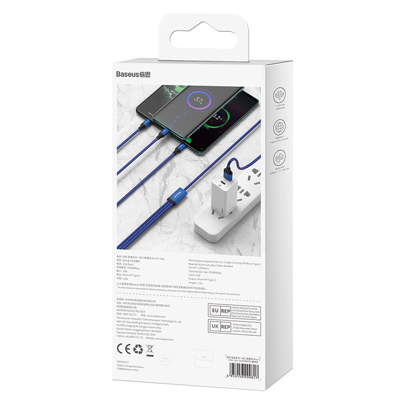 Rapid Series 3 In 1 Cable For IP Plus Micro Plus Type C Dark Blue