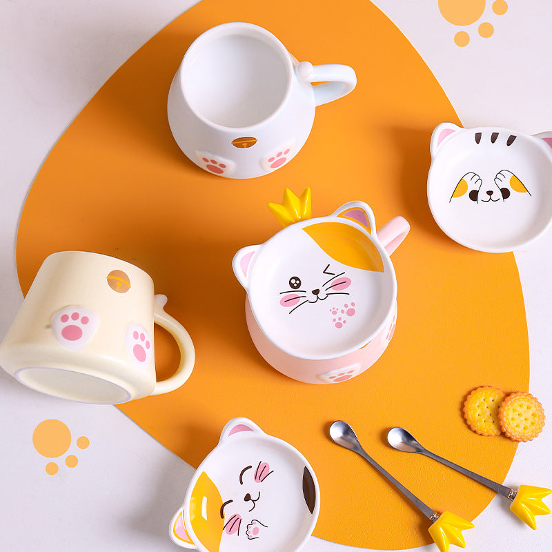 Cartoon Cat Ceramic Mug With Lid Spoon Cup