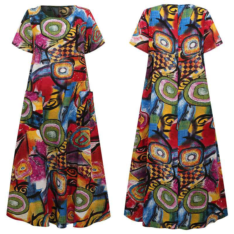 Spring And Summer Fashion Short Sleeve Large Swing Printed Dress