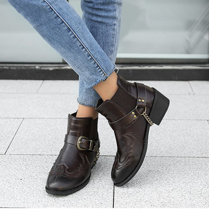 Women Western Ankle Boots Retro Chunky Mid Heel Shoes