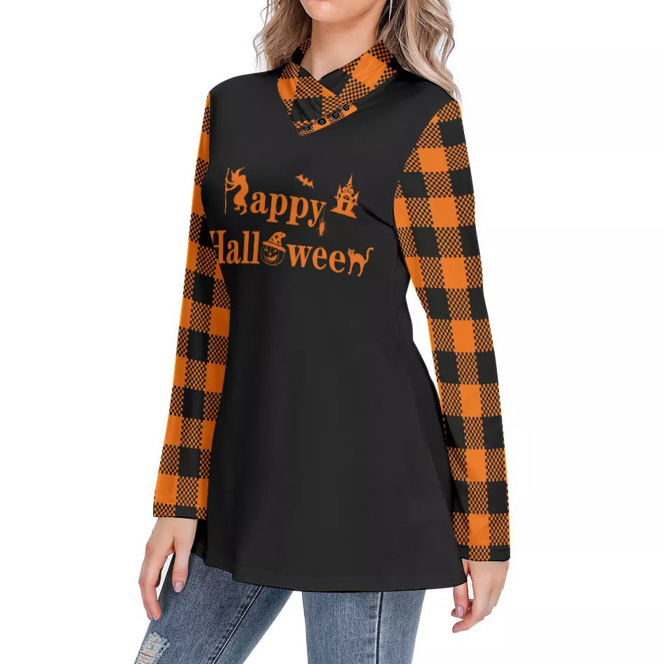 Fashion Halloween Women's Plaid Long Sleeve High Neck Slim Casual Tunic Top