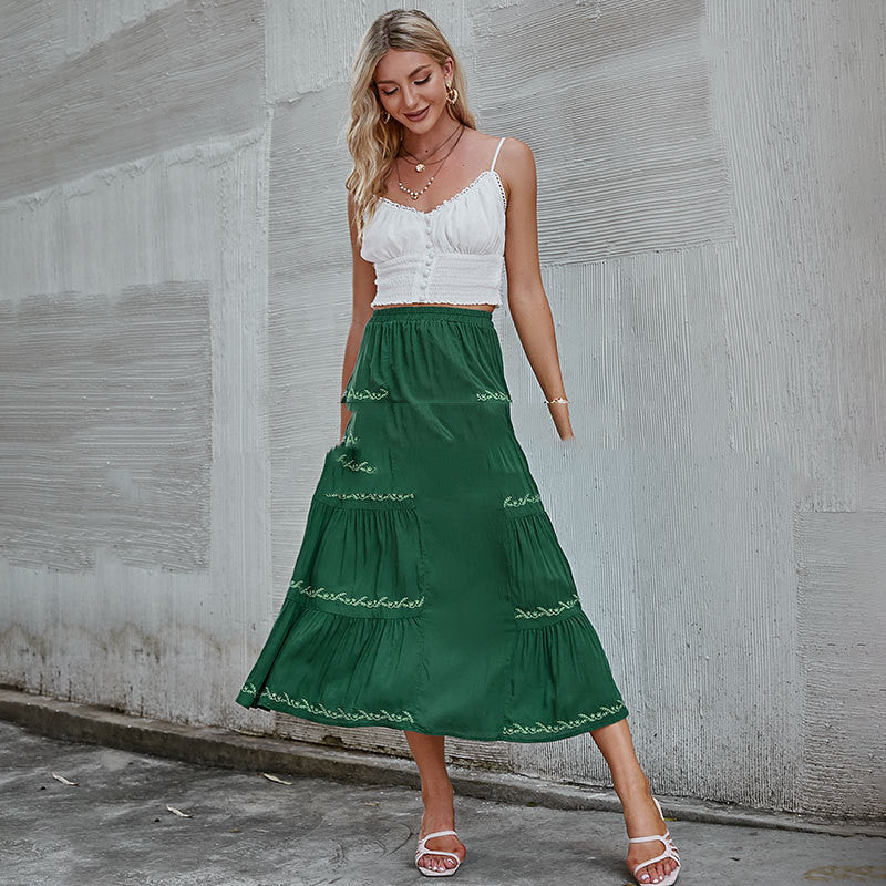 High Waist Green Embroidered Skirt