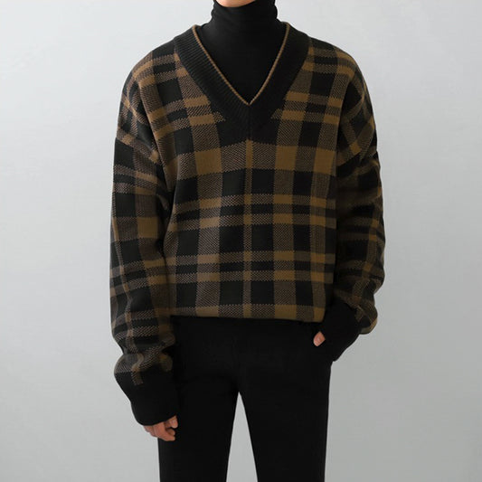 Trend Personality Men's V-neck Plaid Sweater