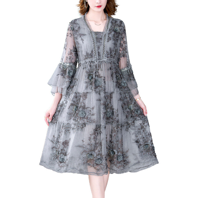 Gray Three-dimensional Embroidered V-neck Five-point Petal Sleeves A-line Plus Size Dress